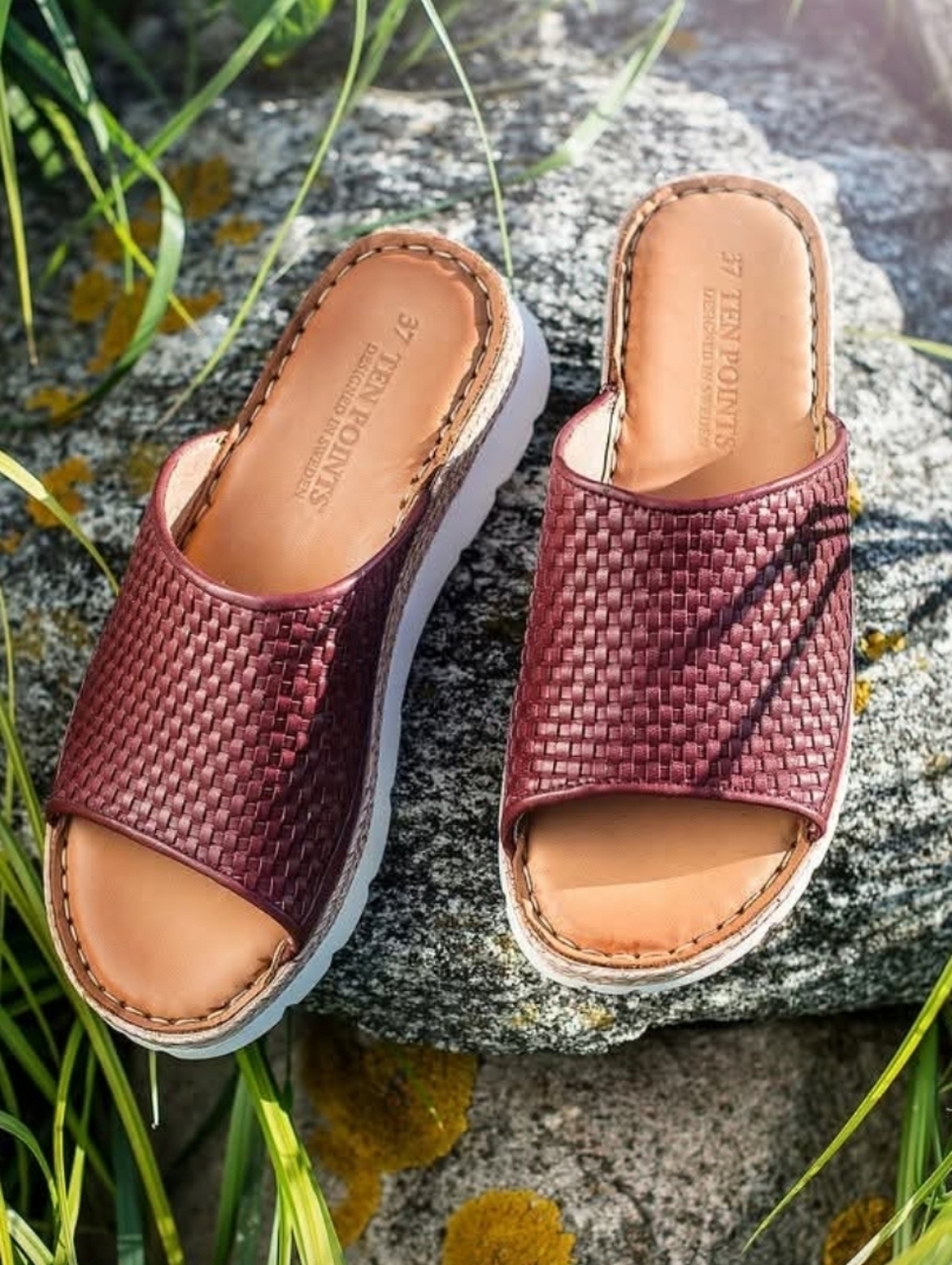 Ten Points Sweden Woven Burgundy Maya Leather Platform Slide Sandal Size 38